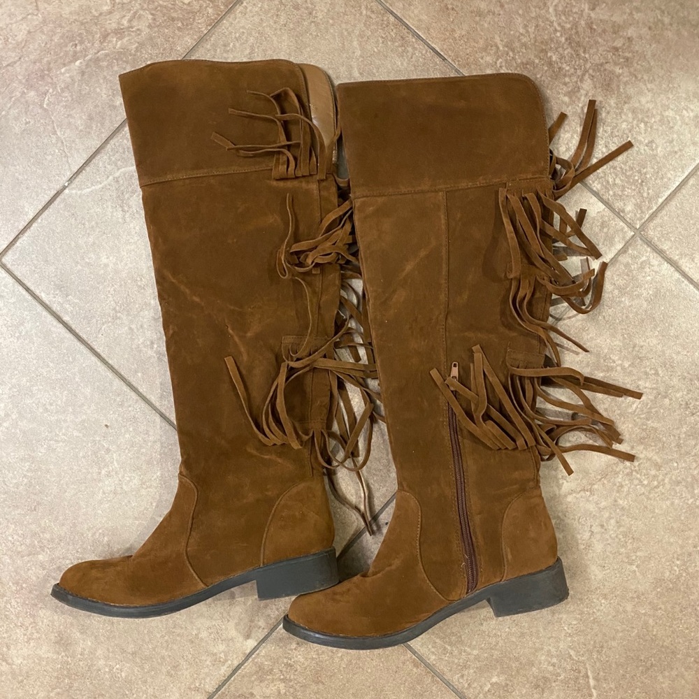 Brown over the knee frinch boots